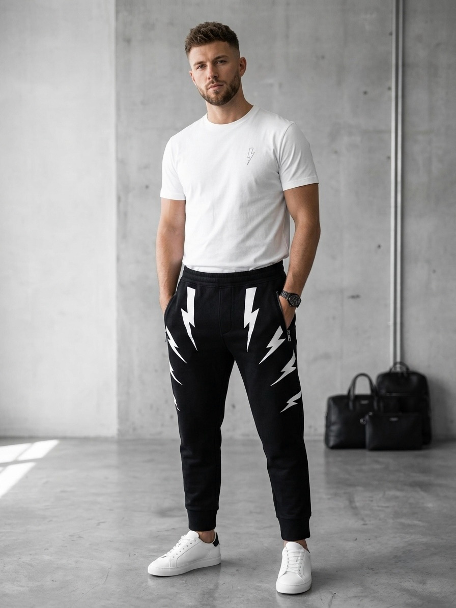Neil Barrett Tiger Bolt Joggers Sweatpants Black White Mens Size L Skinny Fit
